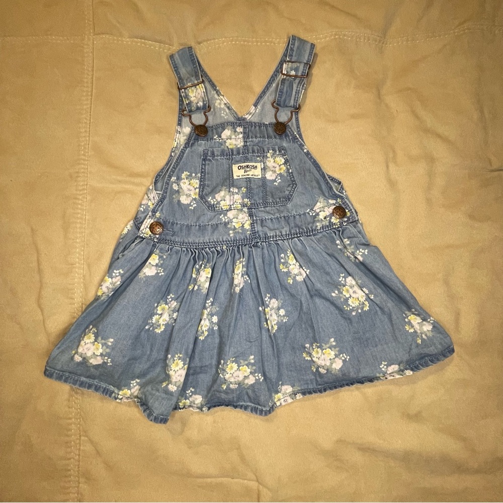 OshKosh B’gosh Jean Denim Chambray Floral Overall Dress Vest Back Girls Size 2T